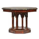 American Gothic Carved Rosewood Center Table, c. 1840, New York, octagonal Egyptian-style marble