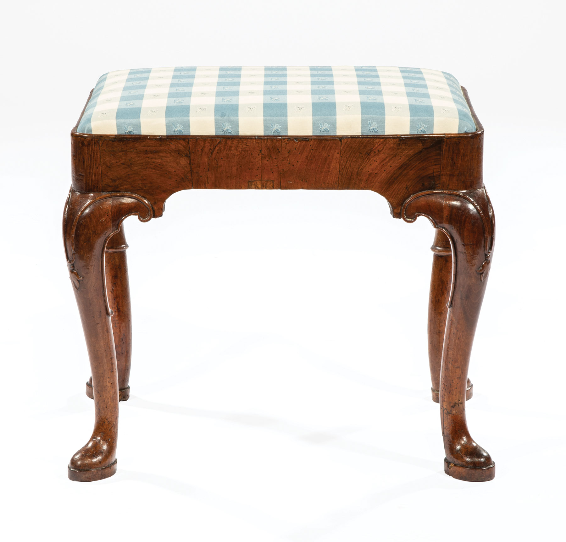 Queen Anne Walnut Stool, 18th c., inset upholstered seat, cabriole legs, pad feet, h. 19 in., w. - Image 2 of 2