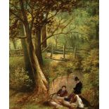 Continental School, late 18th/early 19th c ., "Hunters in the Woods", oil on board, indistinctly