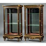 Pair of Louis XVI-Style Brass Inlaid, Bronze-Mounted and Ebonized Vitrines, 20th c., egg-and-dart