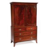 George III Mahogany Linen Press, early 19th c., molded cornice, cartouche paneled doors, interior