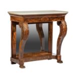 American Classical Carved Mahogany Pier Table, 19th c., Philadelphia, white marble top, coved frieze