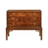 Chinese Chippendale-Style Burled Walnut Chest-on-Stand, molded inset top, three drawers, molded