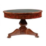 Charles X Carved Mahogany Center Table, early 19th c., banded tooled leather top, four frieze