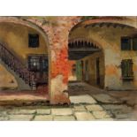 Julia M. Massie (American/Louisiana, 1869-1949), "French Quarter Courtyard", oil on artist board,