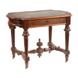 American Renaissance Carved Walnut Writing Table, late 19th c., shaped inset leather top, frieze