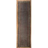 Antique Persian Malayer Runner, blue and brown ground, repeating design, 3 ft. 5 in. x 12 ft. 3 in
