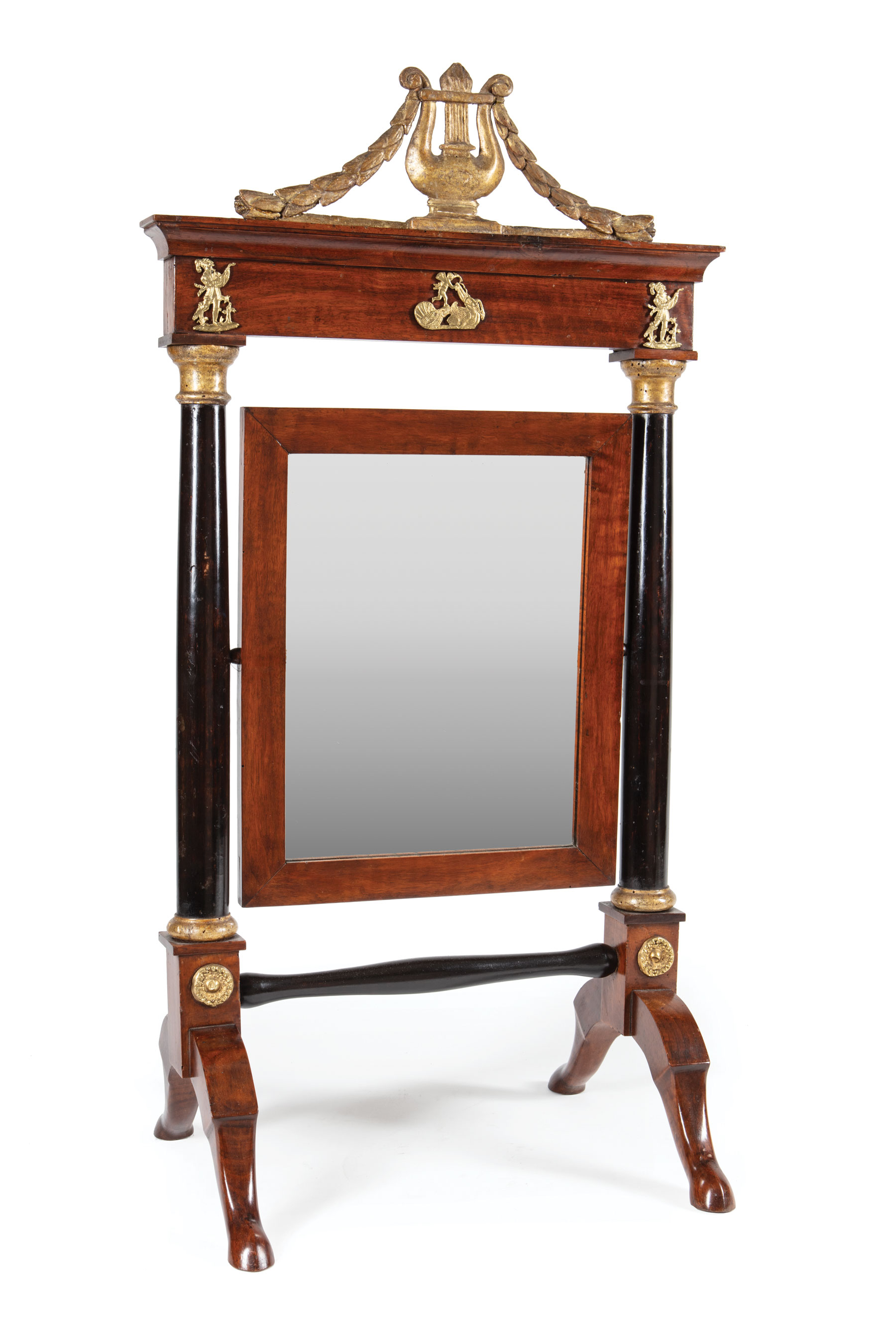 Empire Bronze-Mounted and Parcel Ebonized Mahogany Dressing Mirror, early 19th c., lyre and swag