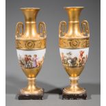Pair of Paris Gilt and Polychrome Porcelain Vases, early 19th c., each painted with central frieze