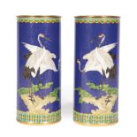 Pair of Chinese Cloisonne Enamel Sleeve Vases, decorated with pairs of red-crested cranes with