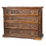 Italian Rococo Carved Walnut Chest of Drawers, likely 17th/18th c., plank top, four drawers with