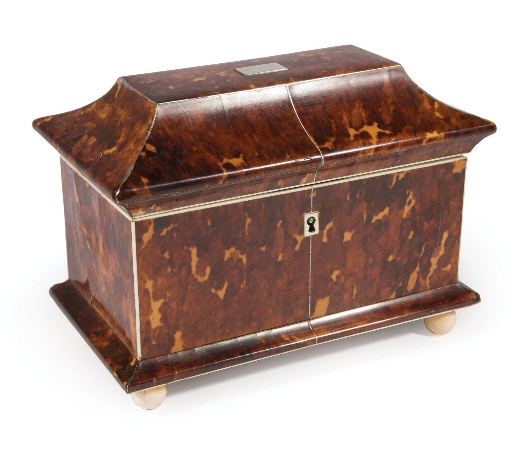 George III Tortoiseshell Sarcophagus Form Tea Caddy, interior with two lidded compartments, on