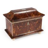 George III Tortoiseshell Sarcophagus Form Tea Caddy, interior with two lidded compartments, on