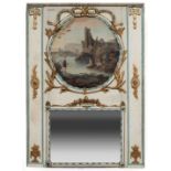 Continental Painted and Parcel Gilt Trumeau Mirror, 19th c. and later, bowknot cartouche with