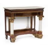 American Classical Stenciled, Gilt and Carved Mahogany Pier Table, c. 1830, New York, marble top,