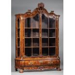 Antique Dutch Carved and Bronze-Mounted Walnut Bookcase, shaped cornice centered by a fruit and