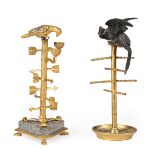 Two Empire Gilt Bronze Figural Ring Holders, early 19th c., bird finials, one with porphyry base,