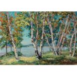 Grace Neville Carrothers (American, 1882-1961), "Birch Trees", 1928, oil on board, signed and