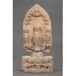 Chinese Stone Stele on Stand carved as a flame-shaped mandorla enclosing a central Buddhist figure