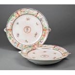 Pair of Chinese Export Famille Rose Porcelain Armorial Warming Dishes, 19th c., decorated with the