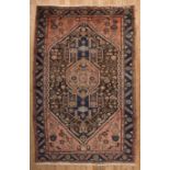 Semi-Antique Persian Malayer Carpet, red, blue and brown ground, stylized foliate design, 4 ft. 10