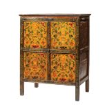 Asian Polychrome Painted Soft Wood Cabinet, four doors decorated with lotus flowers and foliage,