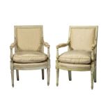 Pair of Louis XVI-Style Carved and Painted Fauteuils, 19th c., square back, vasiform reeded
