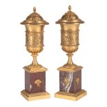 Pair of Empire Rouge Marble and Gilt Bronze Candle Vases, early 19th c., Neoclassical-form