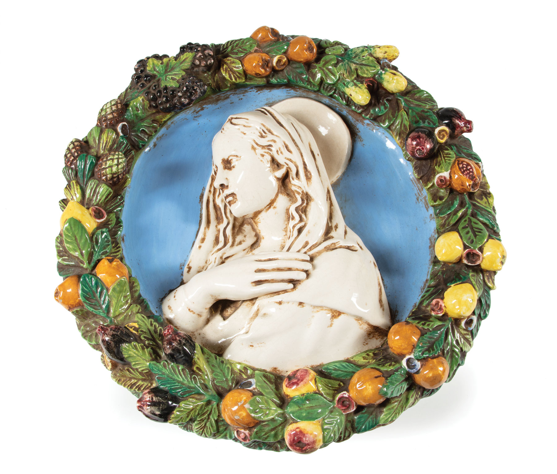 Italian della Robbia-Style Glazed Ceramic Plaque of the Madonna