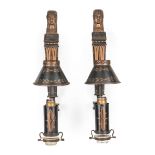 Pair of Empire Tole Peinte Sconces, 19th c., font in the form of a female term, electrified, h. 18