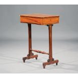 Regency Inlaid Mahogany Occasional Table, early 19th c., banded top, side frieze drawer, trestle