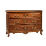 French Provincial Carved Oak Commode, early 19th c., shaped top, bead-decorated drawers and apron,