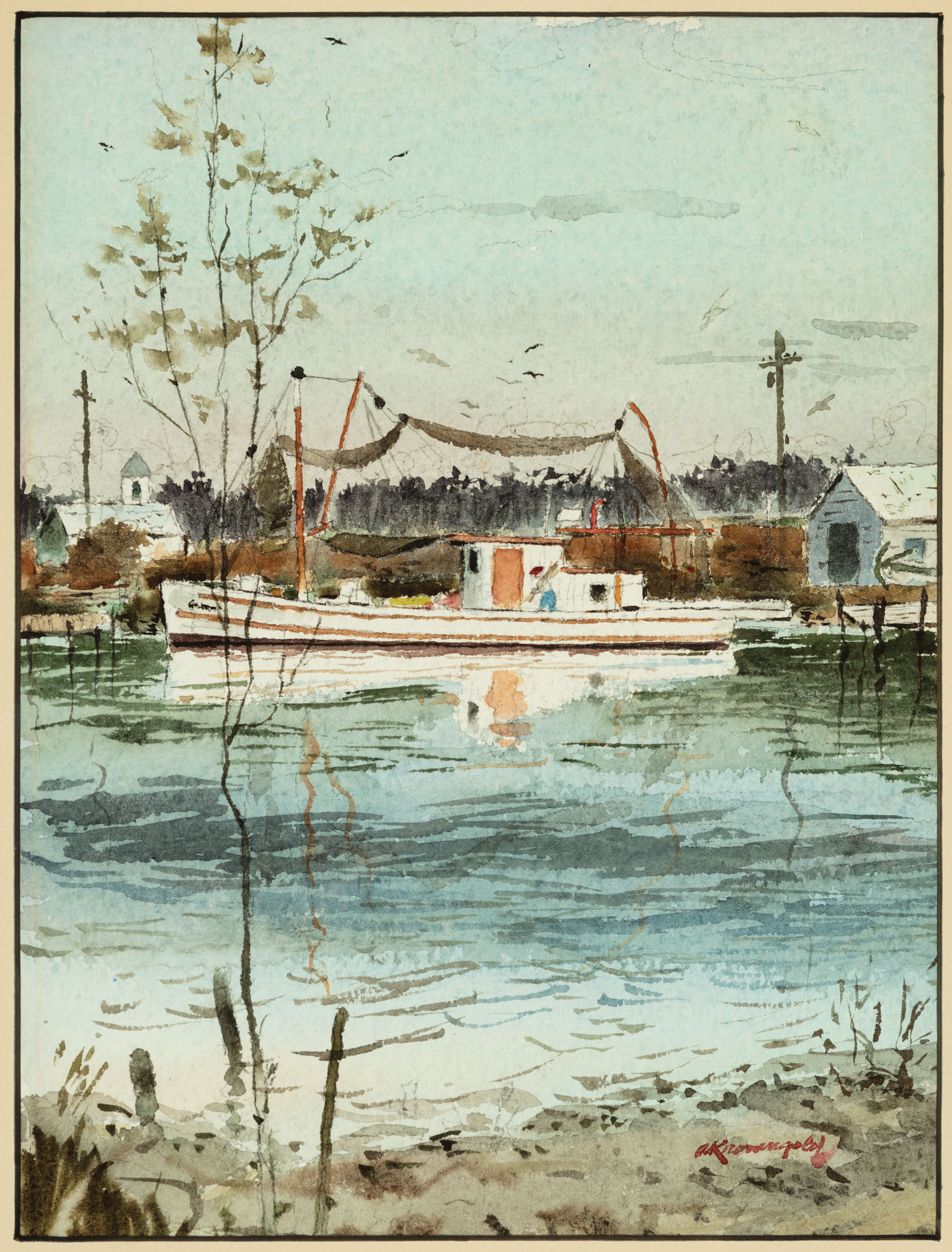 Adolph Kronengold (American/New Orleans, 1900-1986), "Shrimp Boat", watercolor on paper, signed