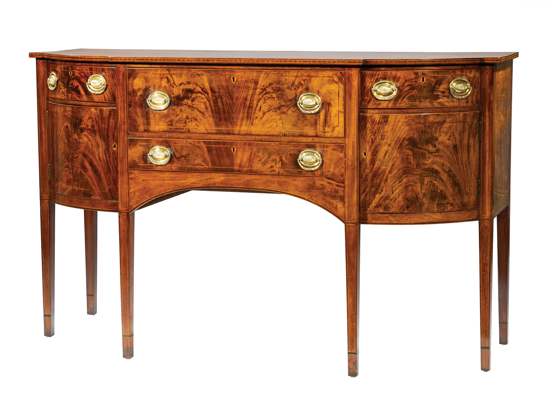American Federal Inlaid Mahogany Sideboard, late 18th/early 19th c., shaped top, conforming case