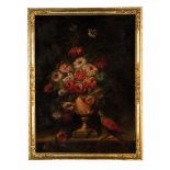 Continental School, 19th c ., "Still Life of Flowers in Urn with Parrot", oil on canvas, unsigned,