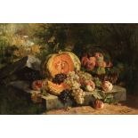 Eugene Henri Cauchois (French, 1850-1911), "Still Life with Melon, Grapes and Peaches", oil on