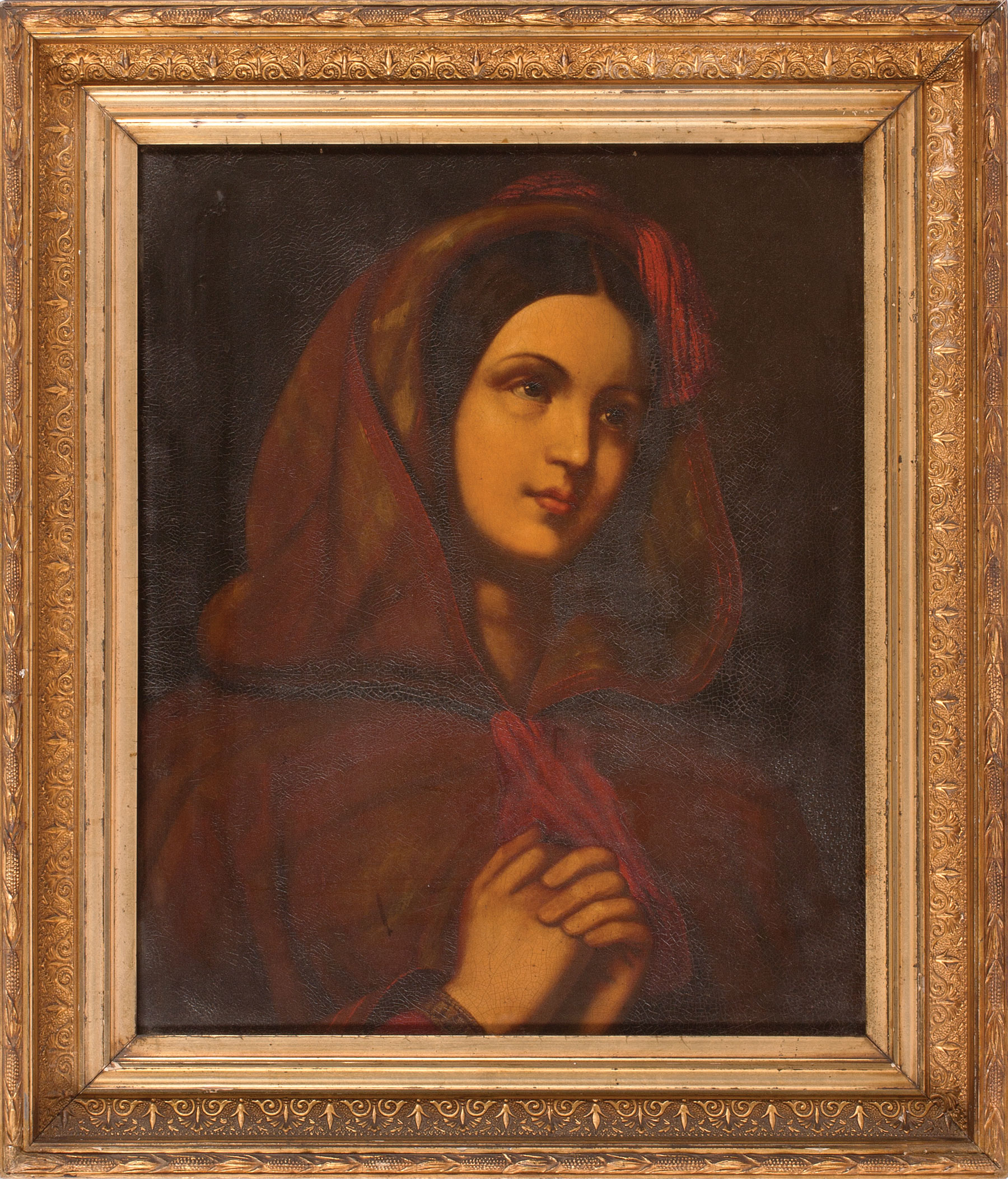 Continental School, 19th c ., "Woman in Adoration", oil on metal, unsigned, 19 in. x 15 1/4 in.,