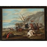 Continental School, 19th c ., "Battle Scenes", 2 oils on paper laid on panel, both unsigned, one