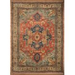 Persian Heriz Carpet, rust and blue ground, central medallion, serrated spandrels, 9 ft. 11 in. x 13