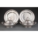 Pair of French 1st Standard Silver Covered Vegetable Tureens and Circular Platters, bound reed and