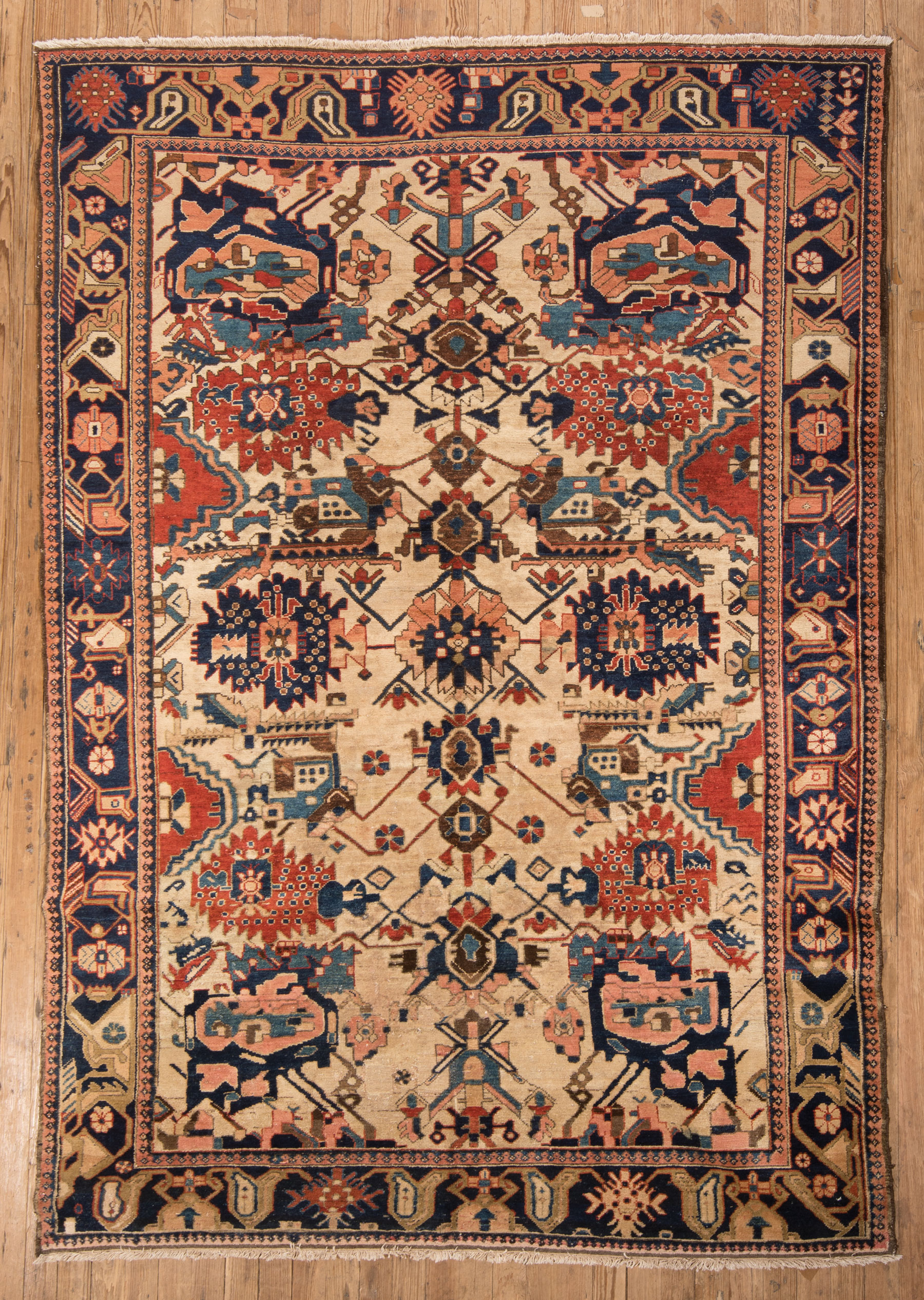 Persian Bactairie Carpet, stylized floral design in reds and blues, 7 ft. 2 in. x 10 ft. 2 in