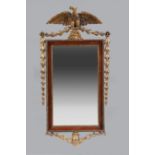 English Mahogany and Parcel Gilt Mirror, early-to-mid 19th c., spreadwing eagle with bellflower
