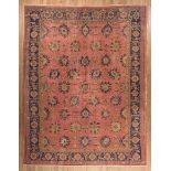 Antique Turkish Carpet, red ground, blue border, repeating design, 8 ft. 8 in. x 11 ft. 2 in