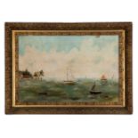 American School, 19th c ., "Boats along the Coast", oil on board, signed "E.D." lower right, 12 1/