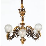 French Rococo Revival Gilt and Patinated Bronze Six-Light Gasolier, mid-19th c., foliate canopy,