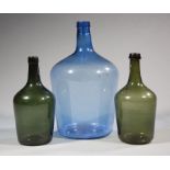 Three Antique Blown Glass Demijohns, 19th/20th c., incl. blue bottle, h. 15 1/2 in.; and 2 green