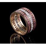 Platinum, Yellow Gold, Ruby, Diamond and Black Enamel Wedding Band, set with numerous round