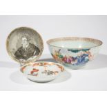 Chinese Export Porcelain Bowl and Two Saucers, 18th c., famille rose bowl h. 3 1/8 in., dia. 7