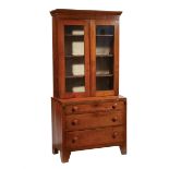 Southern Carved Cypress Cupboard, 19th c., canted cornice, glazed doors, shelf interior; lower