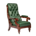 American Classical Carved Mahogany Reclining Reading Chair, early 19th c., tufted back, shaped